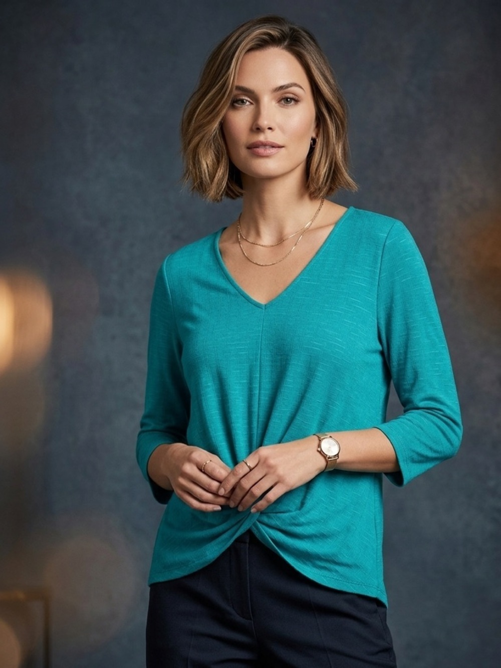 Status by Chenault Teal Twist Front Top M Boho V-Neck 3/4 Sleeve Lightweight